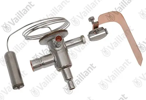 Vaillant Expansionsventil aus Metall mit verschiedenen Anschlussmöglichkeiten und einer Feder. Teile sind zur Montage und Regelung von Heizsystemen geeignet.